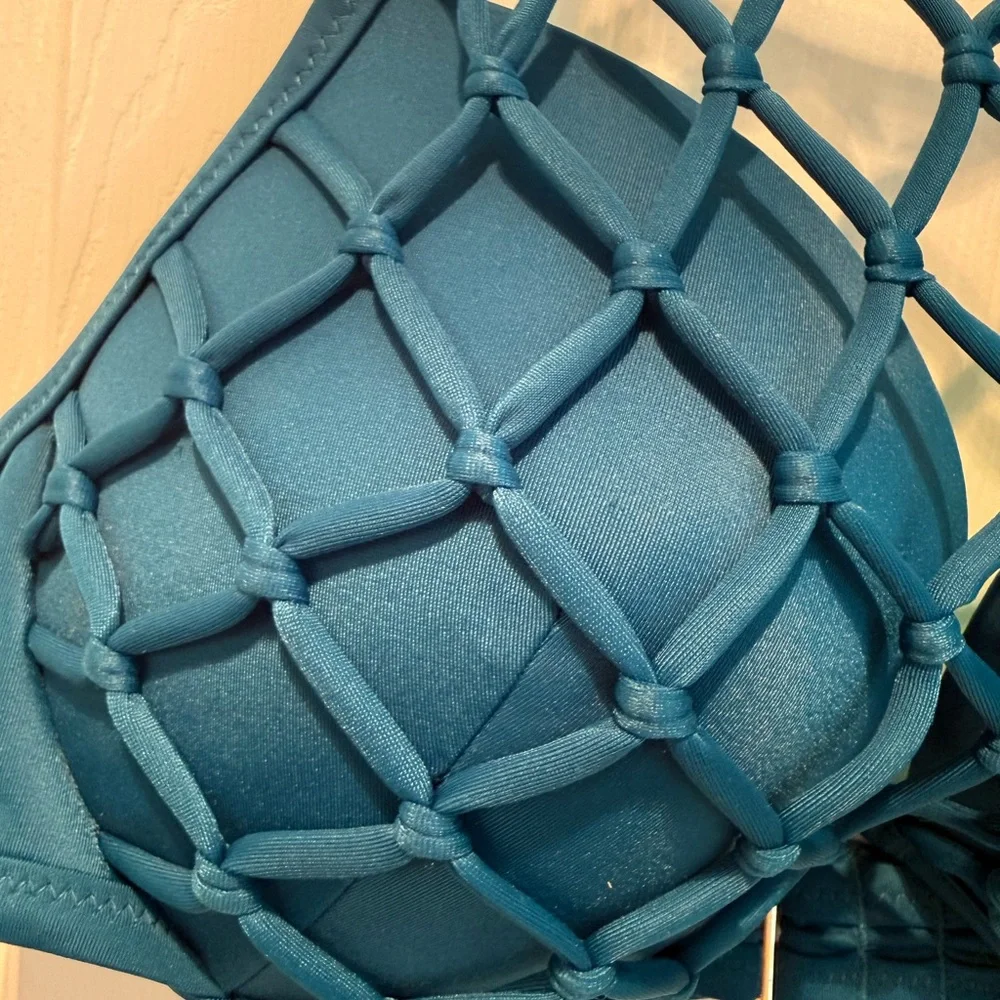 🌴💜💎Teal Shade & Shore Underwire Bikini Top 36C | Macramé Net Swim Halter Top
